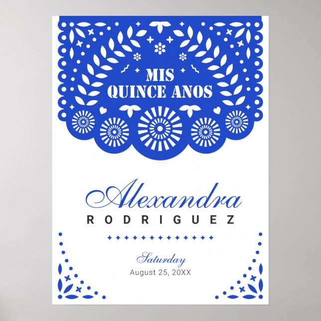 Royal Blue Papel Picado Mis Quince Años Poster (Front)