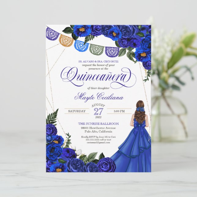 Royal Blue Papel Picado Quinceañera 15th Birthday  Invitation (Standing Front)