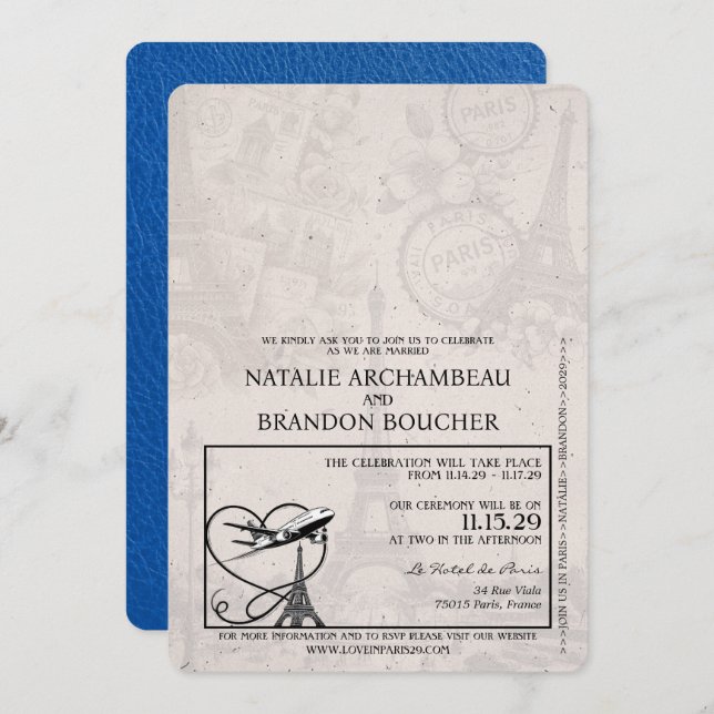 Royal Blue Paris Passport Wedding Invitation (Front/Back)