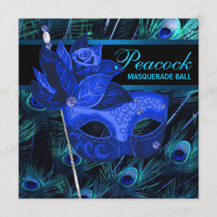 Royal Blue Peacock Masquerade Party Invitation