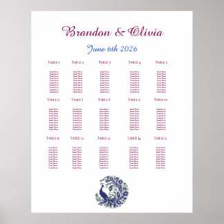 Royal Blue Peacock Wedding Seating Chart