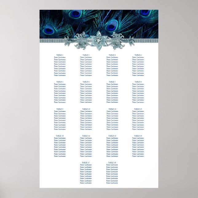 Royal Blue Peacock Wedding Seating Chart (Front)