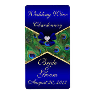 Royal Blue Peacock Wedding Wine Label