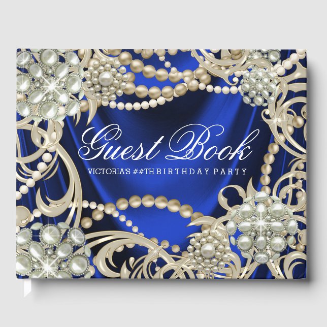 Royal Blue Pearl Womans Birthday Party Guest Book (Front)