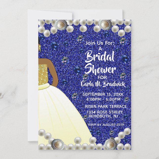 Royal Blue, Pearls African American Bridal Shower  Invitation (Front)