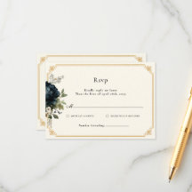 Royal Blue Peony Wedding with Gold Frame RSVP