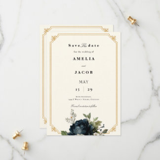 Royal Blue Peony Wedding with Gold Frame Save The Date