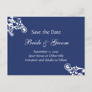 Royal Blue Personalised Flourish Save the Date Announcement Postcard