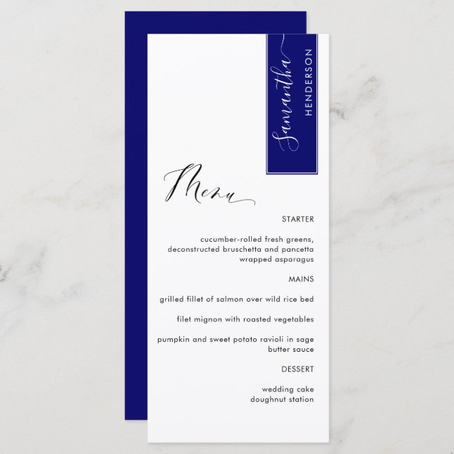 Royal Blue, Personalised with Guest Name Elegant Menu (Front/Back)