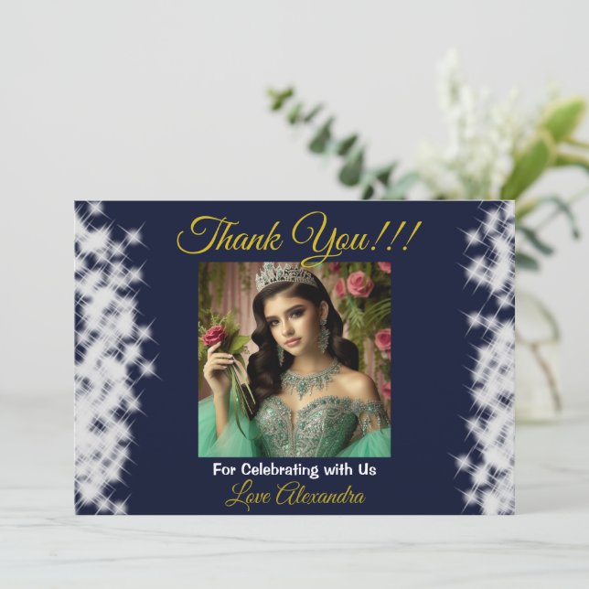 Royal Blue Photo Boho Quinceañera Spanish Favour Thank You Card (Standing Front)