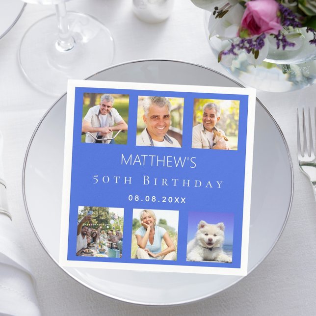 Royal blue photo collage birthday party napkin (Creator Uploaded)