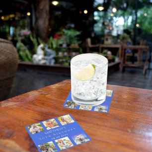 Royal blue photo collage birthday party square paper coaster