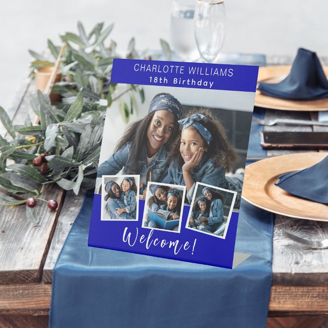 Royal blue photo collage birthday party welcome pedestal sign (Creator Uploaded)