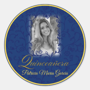Royal blue photo quinceañera floral vines classic round sticker