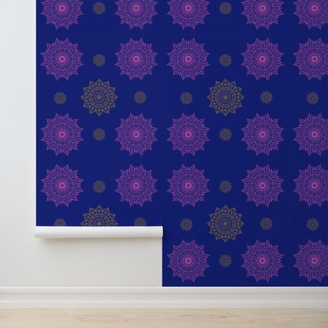 Royal Blue Pink & Gold Mandala Pattern Wallpaper (Application)