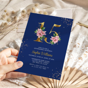 Royal Blue & Pink Magnolia Floral Quinceanera Invitation