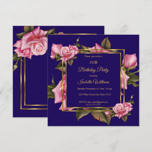 Royal Blue pink Rose floral Gold Birthday Party Invitation