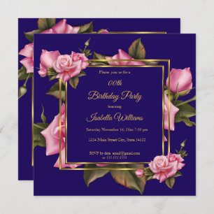 Royal Blue pink Rose floral Gold Birthday Party Invitation