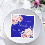 Royal blue pink roses florals elegant birthday napkin<br><div class="desc">Personalise and add a date,  name and age.  A royal blue background,  the blue colour is uneven.  Decorated with pink watercolored roses,  florals.  White text.</div>