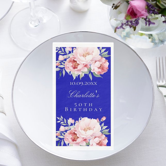 Royal blue pink roses florals elegant birthday napkin (Creator Uploaded)