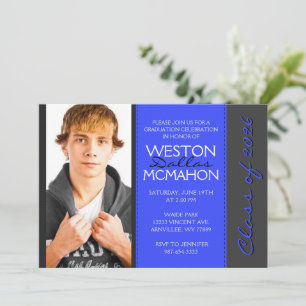 Royal Blue & Pinstripe Grey Photo Graduation Invitation