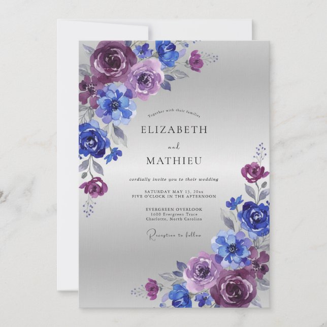 Royal Blue Plum Painterly Winter Wedding Invitation (Front)