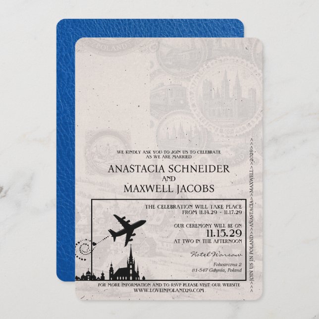 Royal Blue Poland Passport Wedding Invitation (Front/Back)