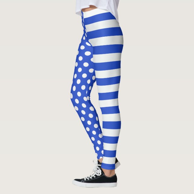 Royal Blue Polka Dots and Stripes by STaylor Leggings (Left)