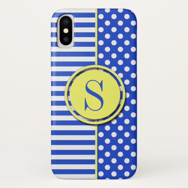 Royal Blue Polka Dots and Stripes-Monogram STaylor Case-Mate iPhone Case (Back)