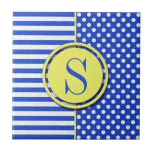 Royal Blue Polka Dots and Stripes-Monogram STaylor Ceramic Tile
