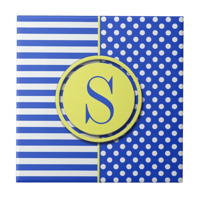 Royal Blue Polka Dots and Stripes-Monogram STaylor Ceramic Tile (Front)