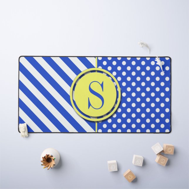 Royal Blue Polka Dots and Stripes-Monogram STaylor Desk Mat (Kids Table)