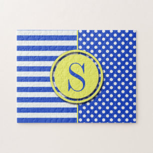 Royal Blue Polka Dots and Stripes-Monogram STaylor Jigsaw Puzzle