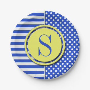 Royal Blue Polka Dots and Stripes-Monogram STaylor Paper Plate
