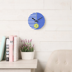 Royal Blue Polka Dots and Stripes-Monogram STaylor Round Clock
