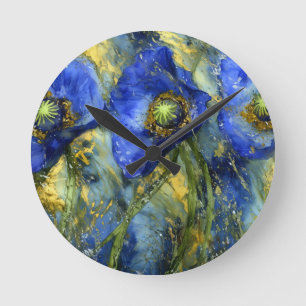 Royal Blue Poppies in Gold Swirl Round Clock