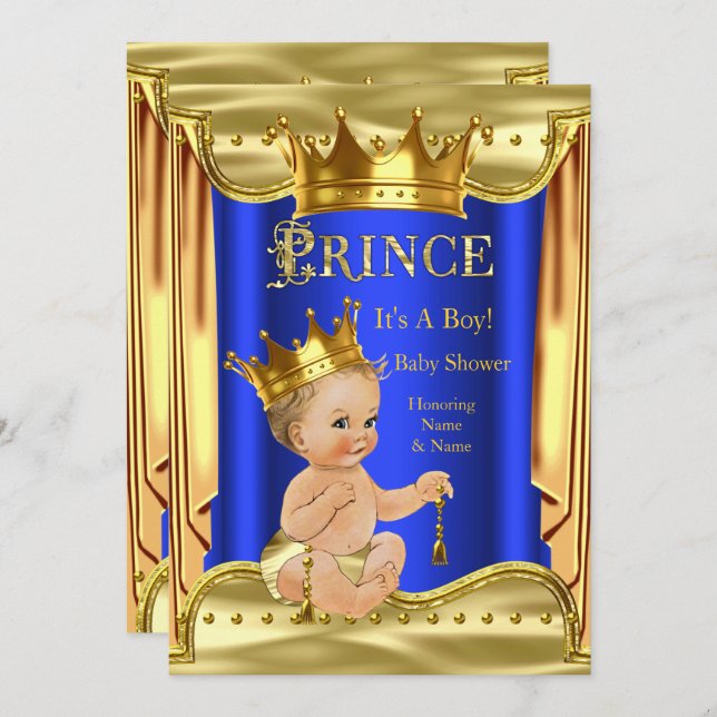 Royal Blue Prince Baby Shower Gold Blonde Boy Invitation (Front/Back)