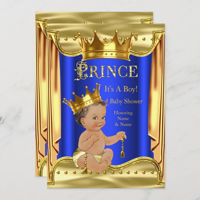 Royal Blue Prince Baby Shower Gold Brunette Boy Invitation (Front/Back)