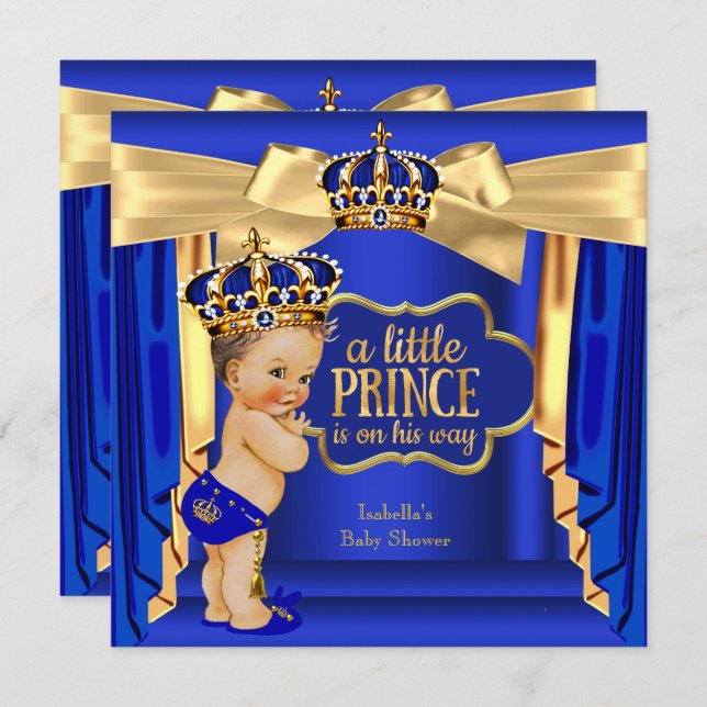 Royal Blue Prince Baby Shower Gold Crown Brunette Invitation (Front/Back)