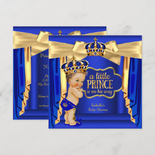 Royal Blue Prince Baby Shower Gold Crown Brunette Invitation