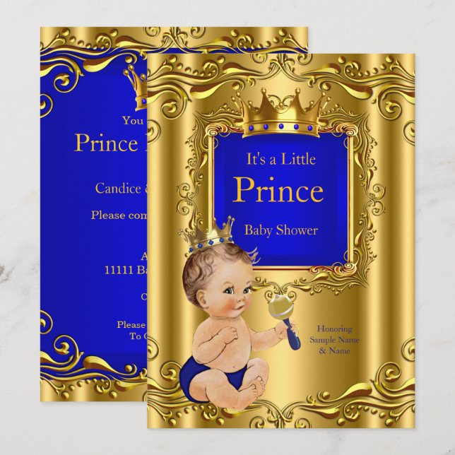 Royal Blue Prince Baby Shower Gold Crown Brunette Invitation (Front/Back)