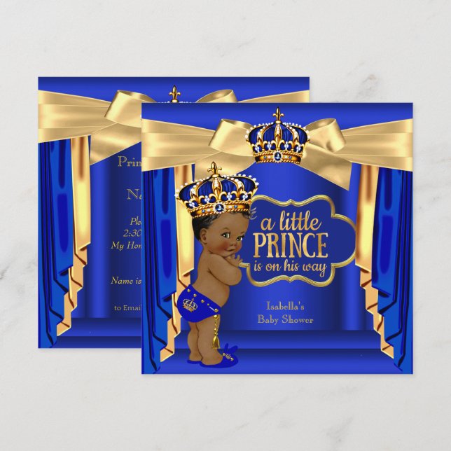 Royal Blue Prince Baby Shower Gold Crown Ethnic Invitation (Front/Back)