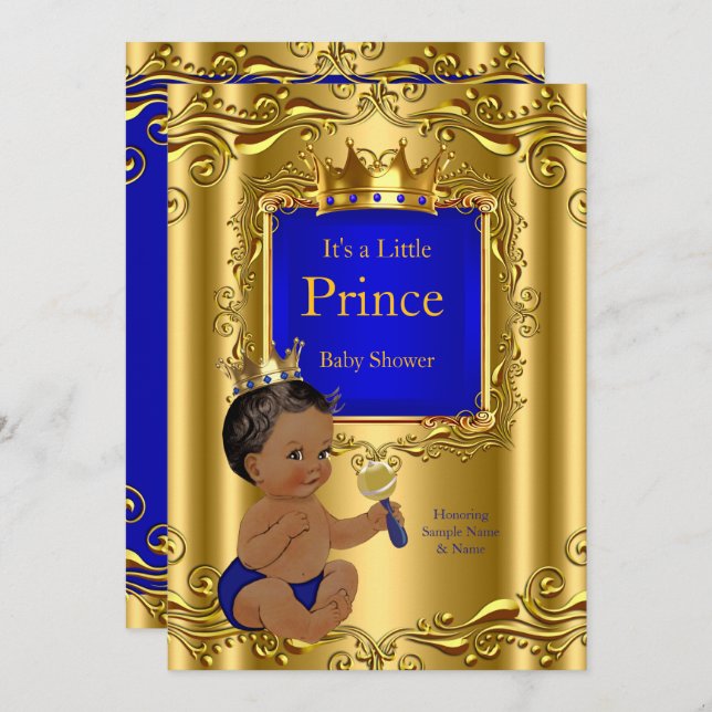 Royal Blue Prince Baby Shower Gold Crown Ethnic Invitation (Front/Back)
