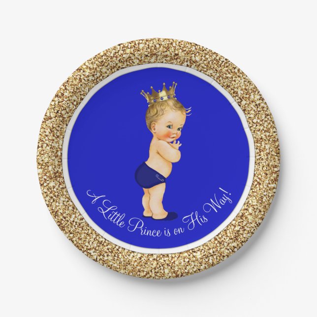 Royal Blue Prince Baby Shower Paper Plate (Front)