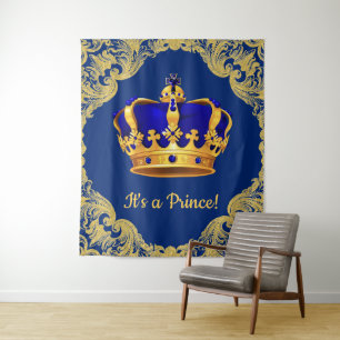 Royal Blue Prince Crown Baby Shower Backdrop Tapestry