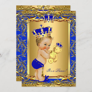 Royal Blue Prince Crown Baby Shower Bear Blonde Invitation