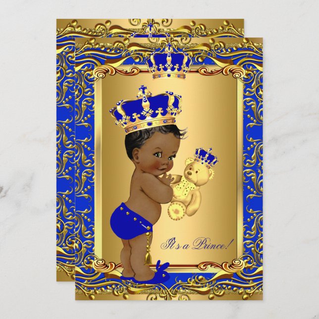 Royal Blue Prince Crown Baby Shower Bear Ethnic Invitation (Front/Back)