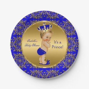 Royal Blue Prince Crown Baby Shower Blonde Boy Paper Plate