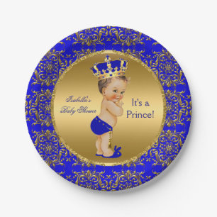 Royal Blue Prince Crown Baby Shower Brunette Boy Paper Plate
