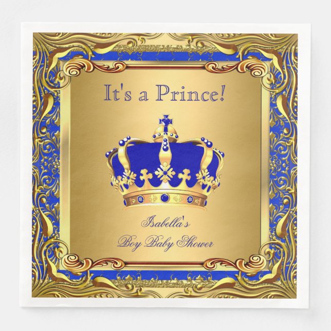 Royal Blue Prince Gold Crown Baby Shower Boy Napkin (Front)